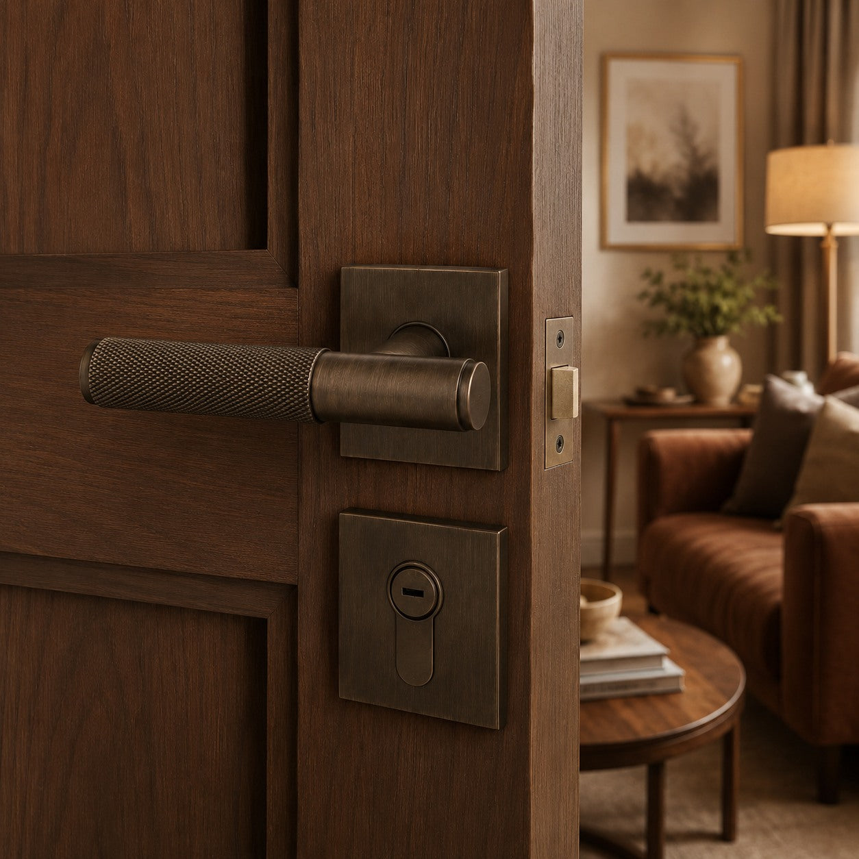 Solid Brass Knurled Lever Interior Door Handle (Square Or Round Rosette)