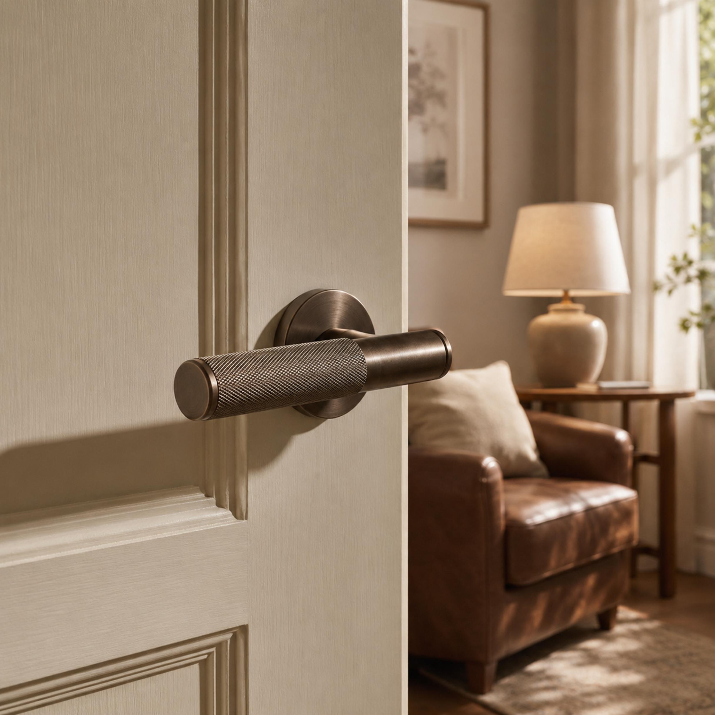Solid Brass Knurled Lever Interior Door Handle (Square Or Round Rosette)