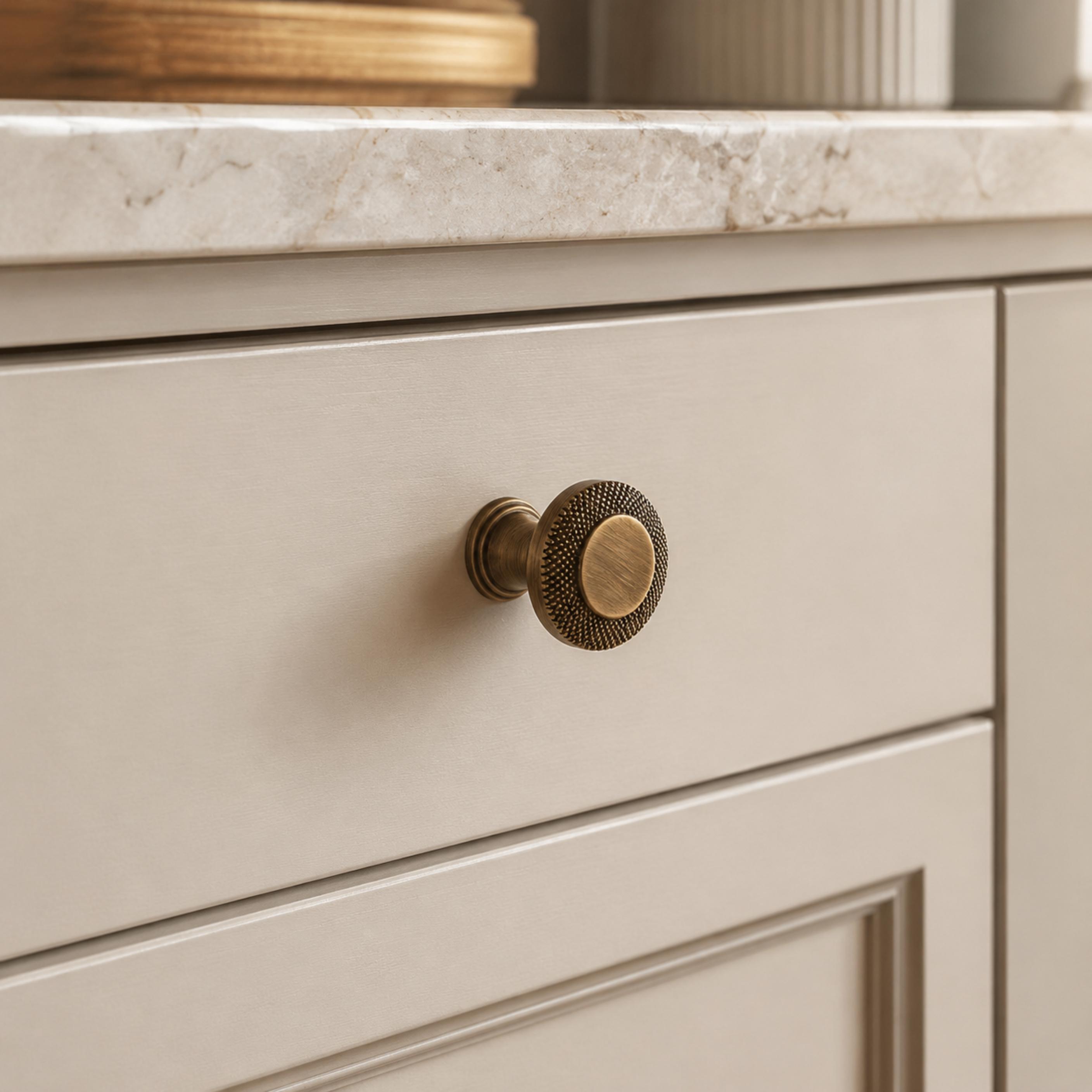 Solid Brass Textured Edge Cabinet Hardware Set (Knobs & Pulls)