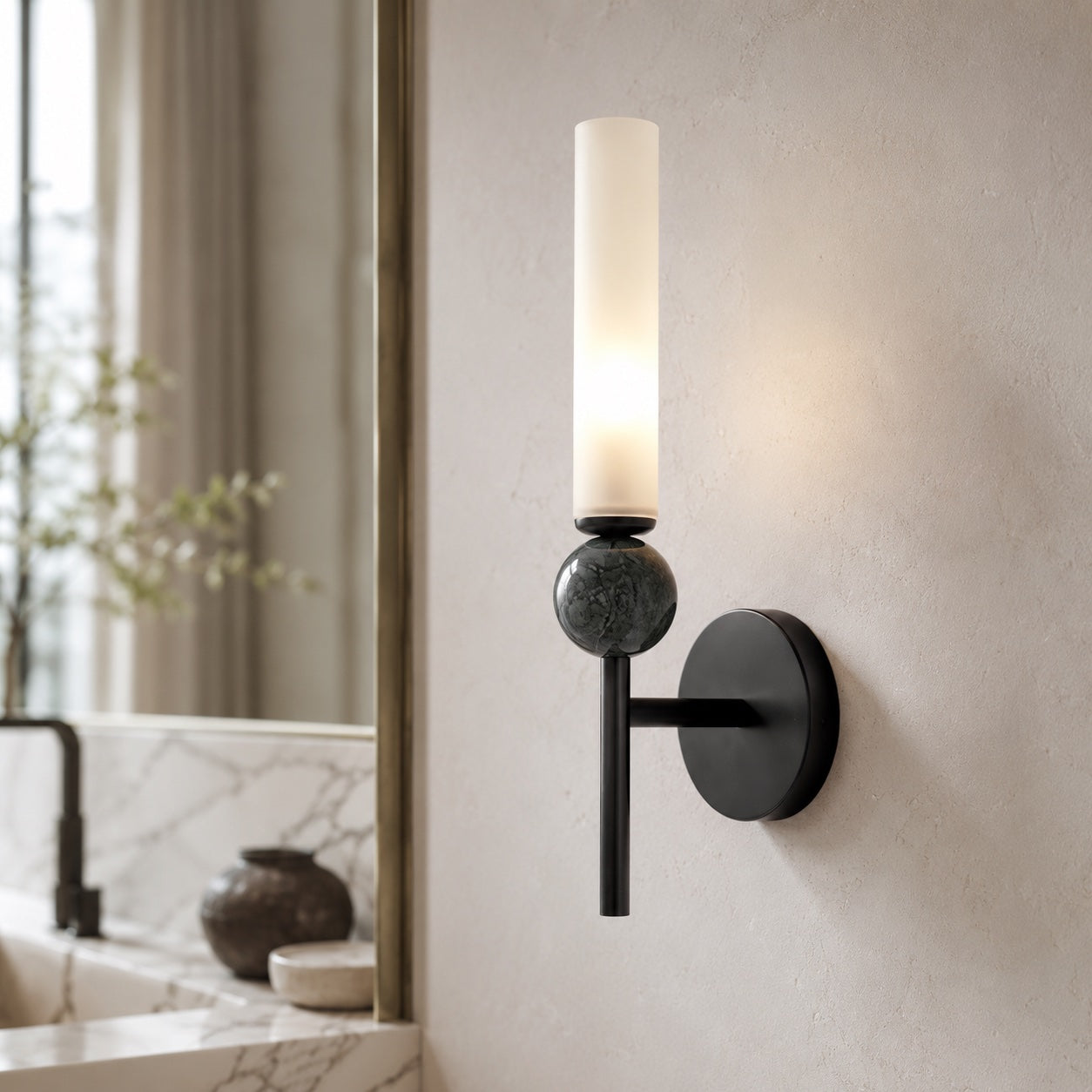 Solid Brass Vertical Marble Globe Wall Sconce (Hardwired)