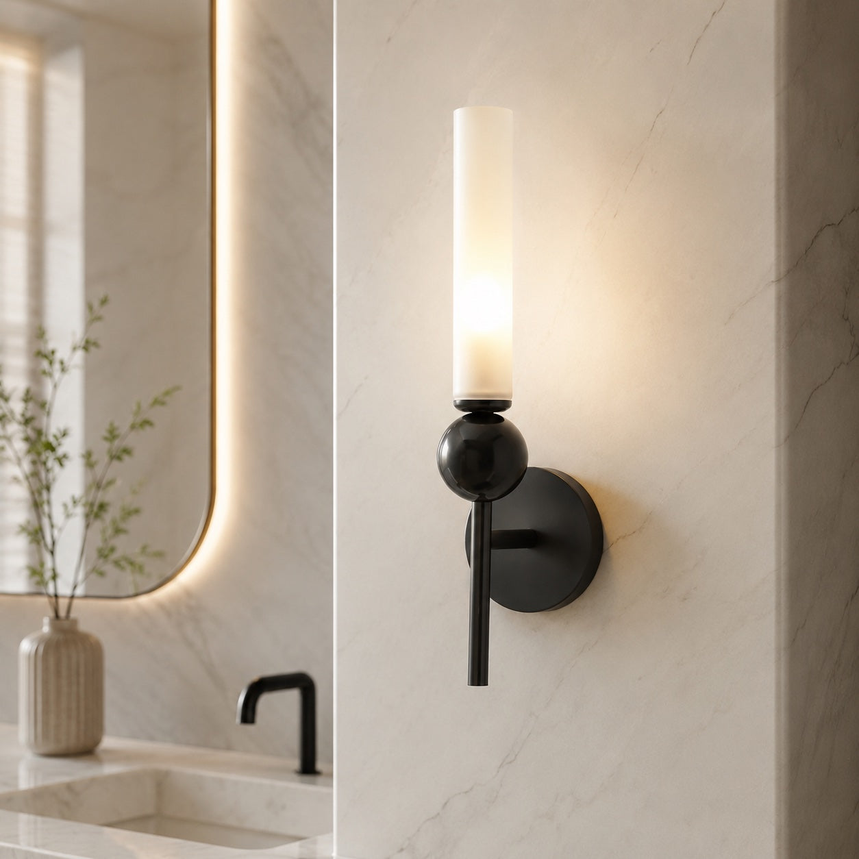 Solid Brass Vertical Marble Globe Wall Sconce (Hardwired)