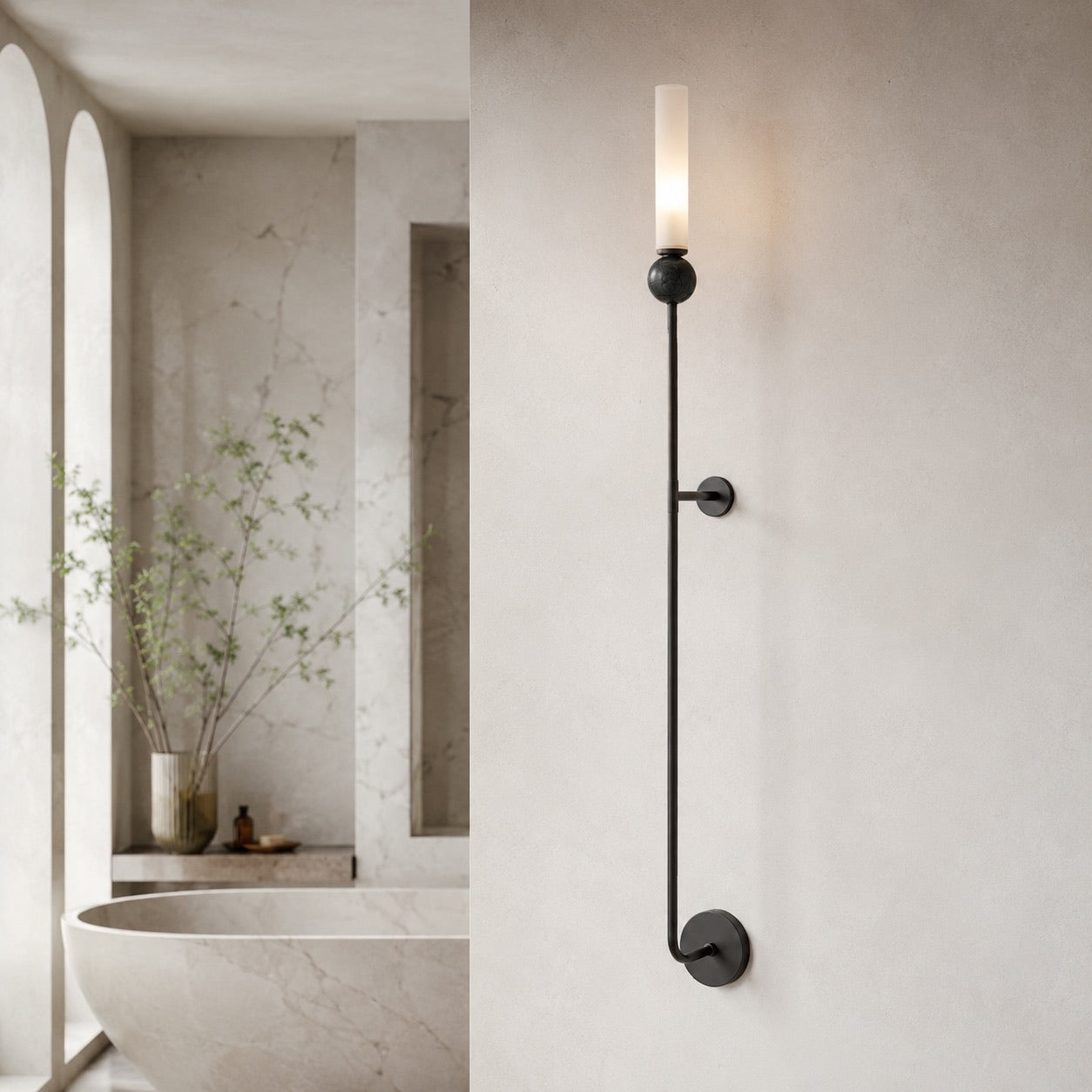 Solid Brass Vertical Marble Globe Wall Sconce (Hardwired)