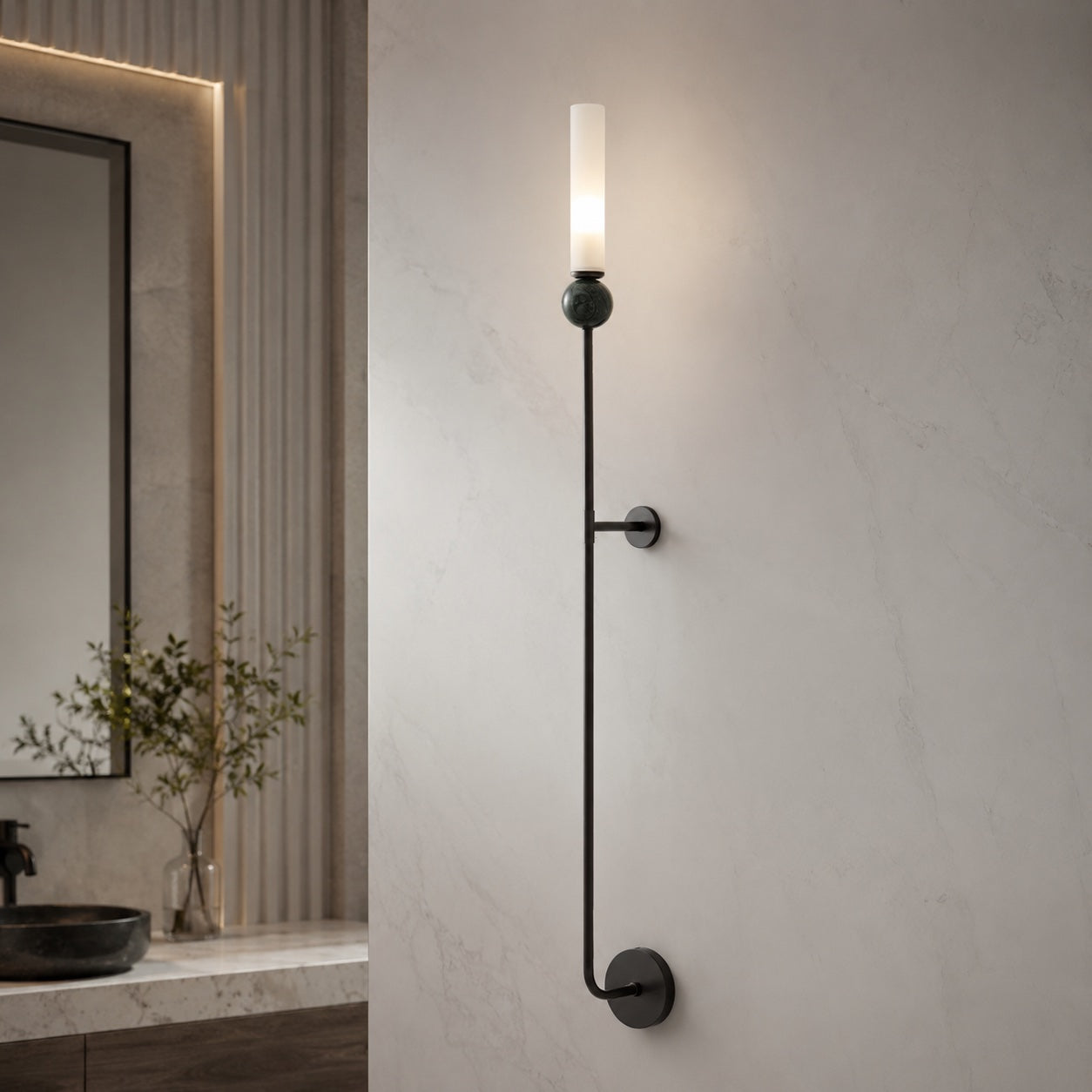Solid Brass Vertical Marble Globe Wall Sconce (Hardwired)