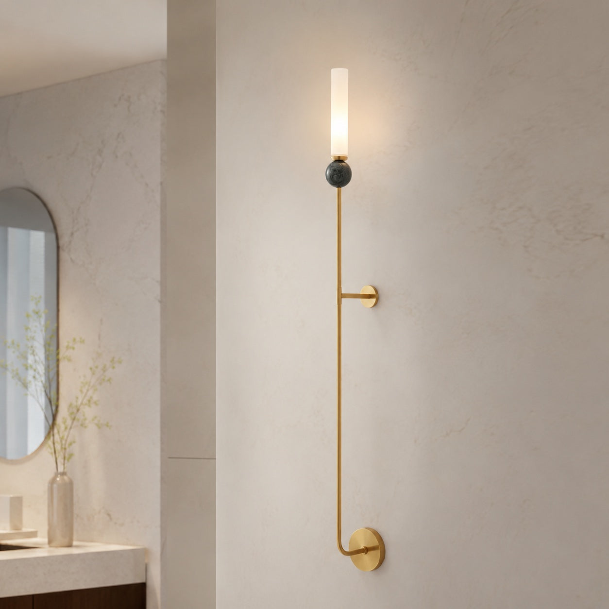 Solid Brass Vertical Marble Globe Wall Sconce (Hardwired)