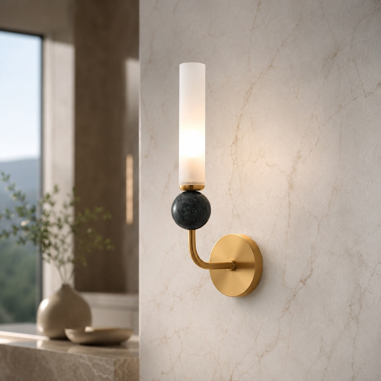 Solid Brass Vertical Marble Globe Wall Sconce (Hardwired)