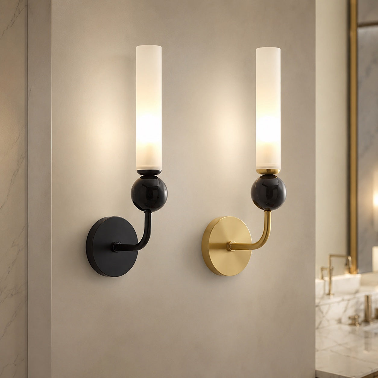 Solid Brass Vertical Marble Globe Wall Sconce (Hardwired)