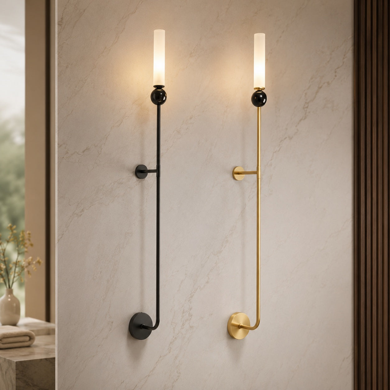 Solid Brass Vertical Marble Globe Wall Sconce (Hardwired)