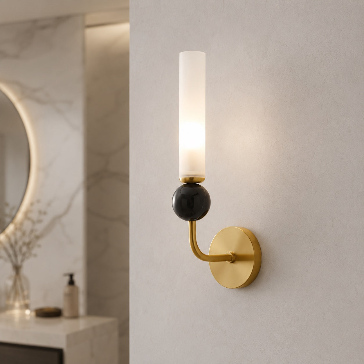 Solid Brass Vertical Marble Globe Wall Sconce (Hardwired)