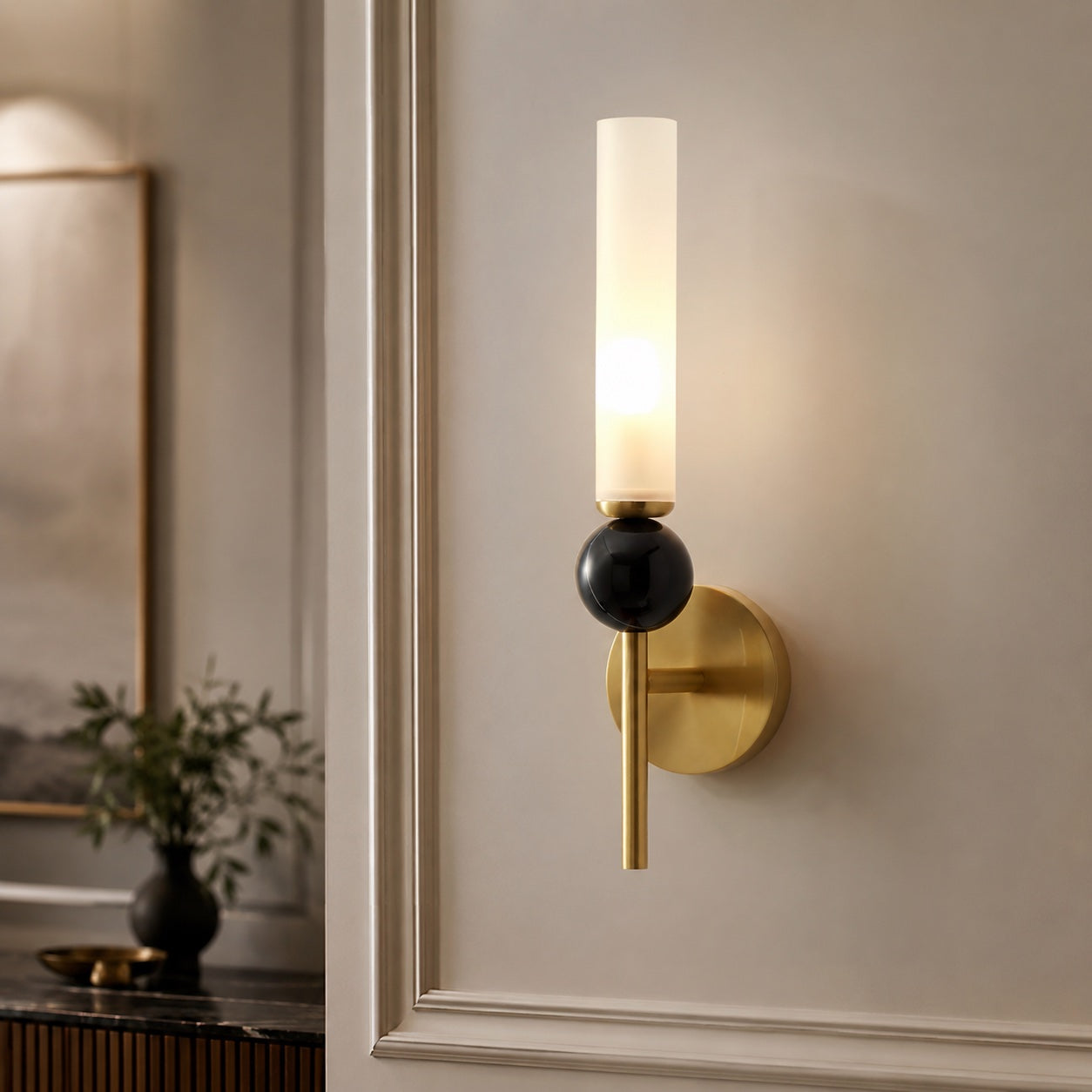 Solid Brass Vertical Marble Globe Wall Sconce (Hardwired)
