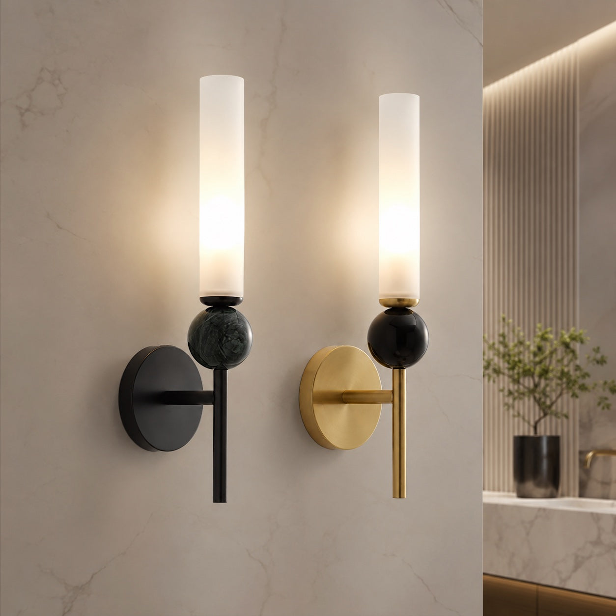 Solid Brass Vertical Marble Globe Wall Sconce (Hardwired)
