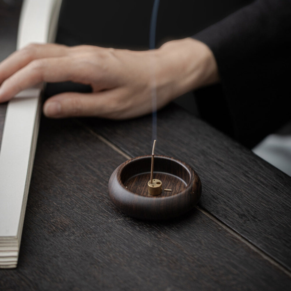 Solid Wood Brass-Inset Incense Holder (Compact)