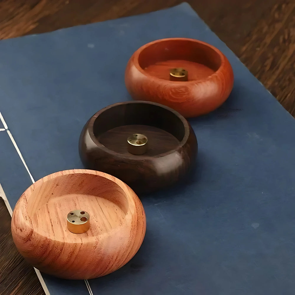 Solid Wood Brass-Inset Incense Holder (Compact)