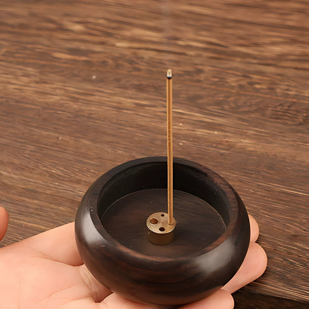 Solid Wood Brass-Inset Incense Holder (Compact)