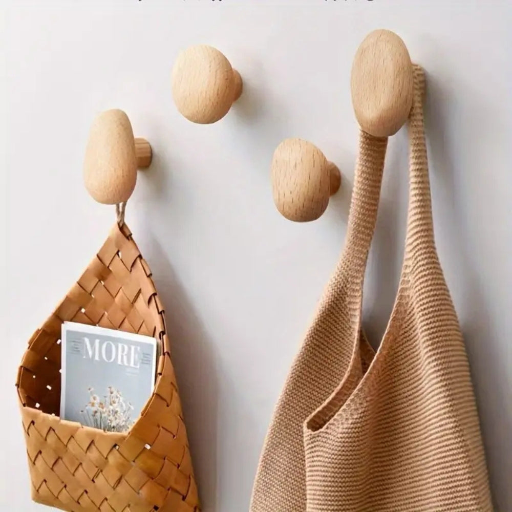 Solid Wood Pebble-Shaped Clothes Hook (Adhesive Backing)