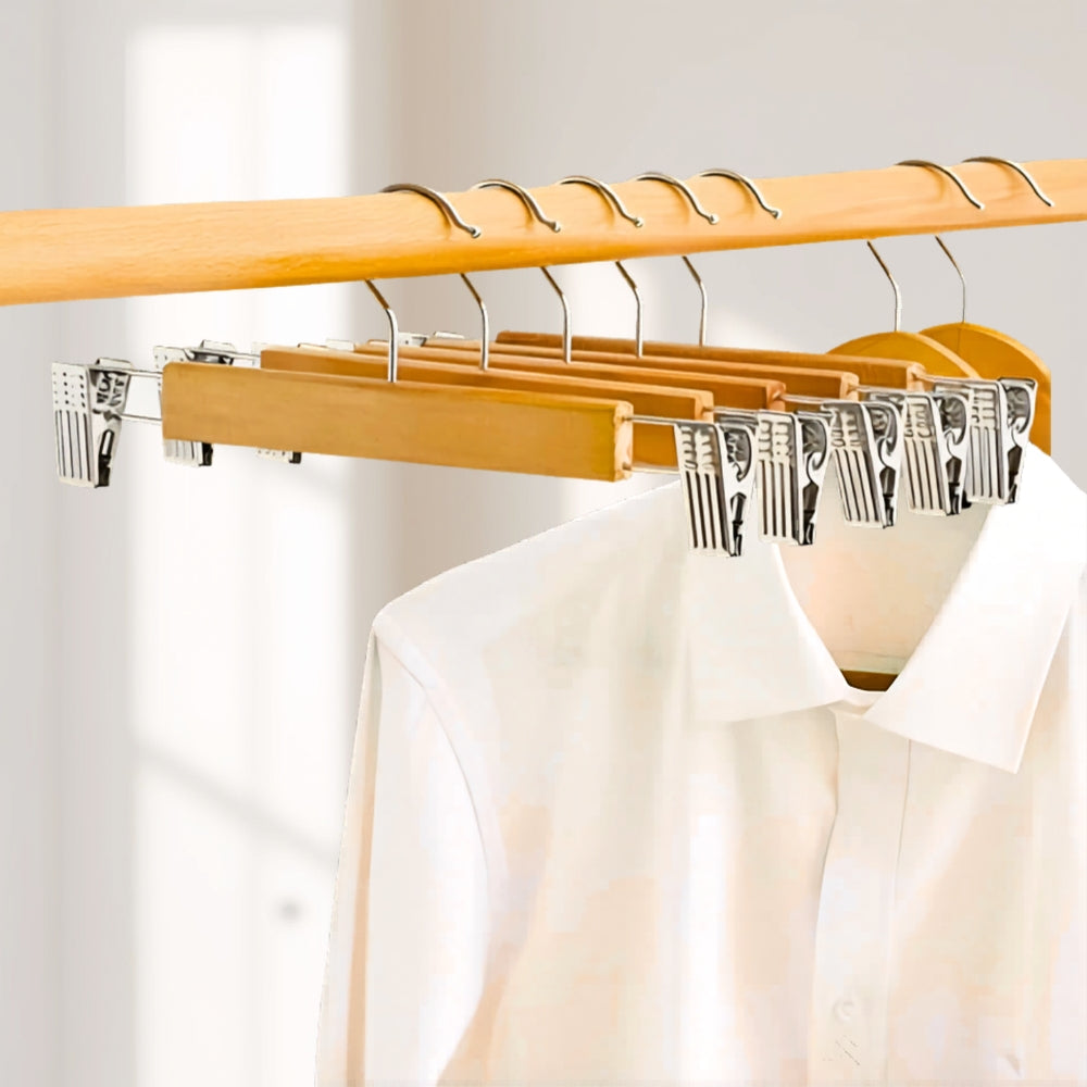 Solid Wood & Stainless Steel-Clip Pants Hangers (Set of 10)