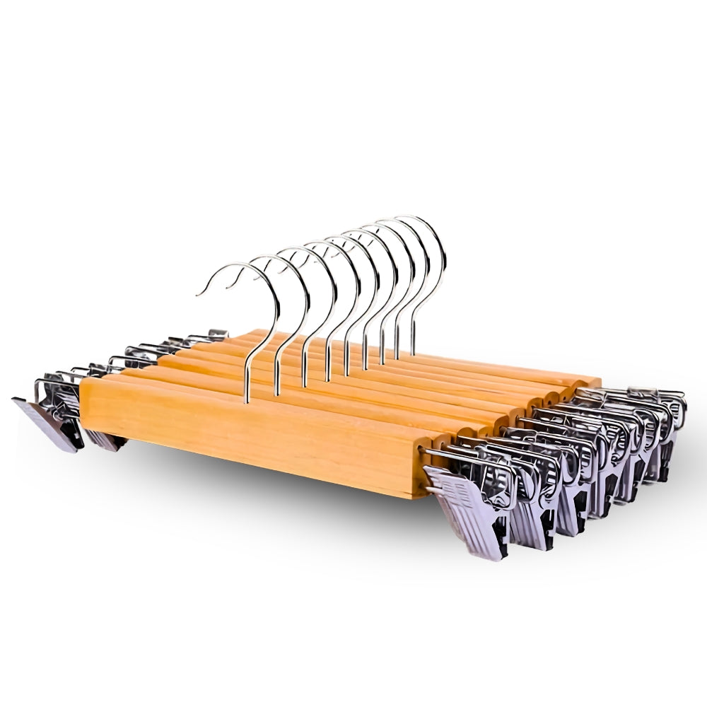 Solid Wood & Stainless Steel-Clip Pants Hangers (Set of 10)