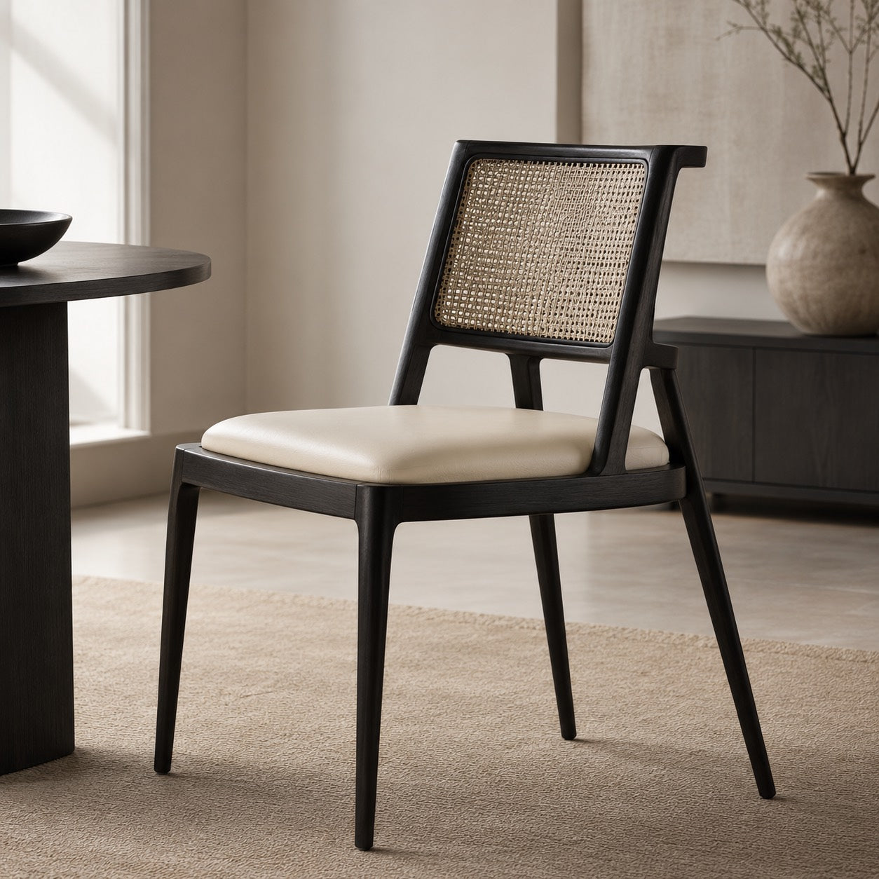 Solid Wood Woven-Back Upholstered Dining Chair