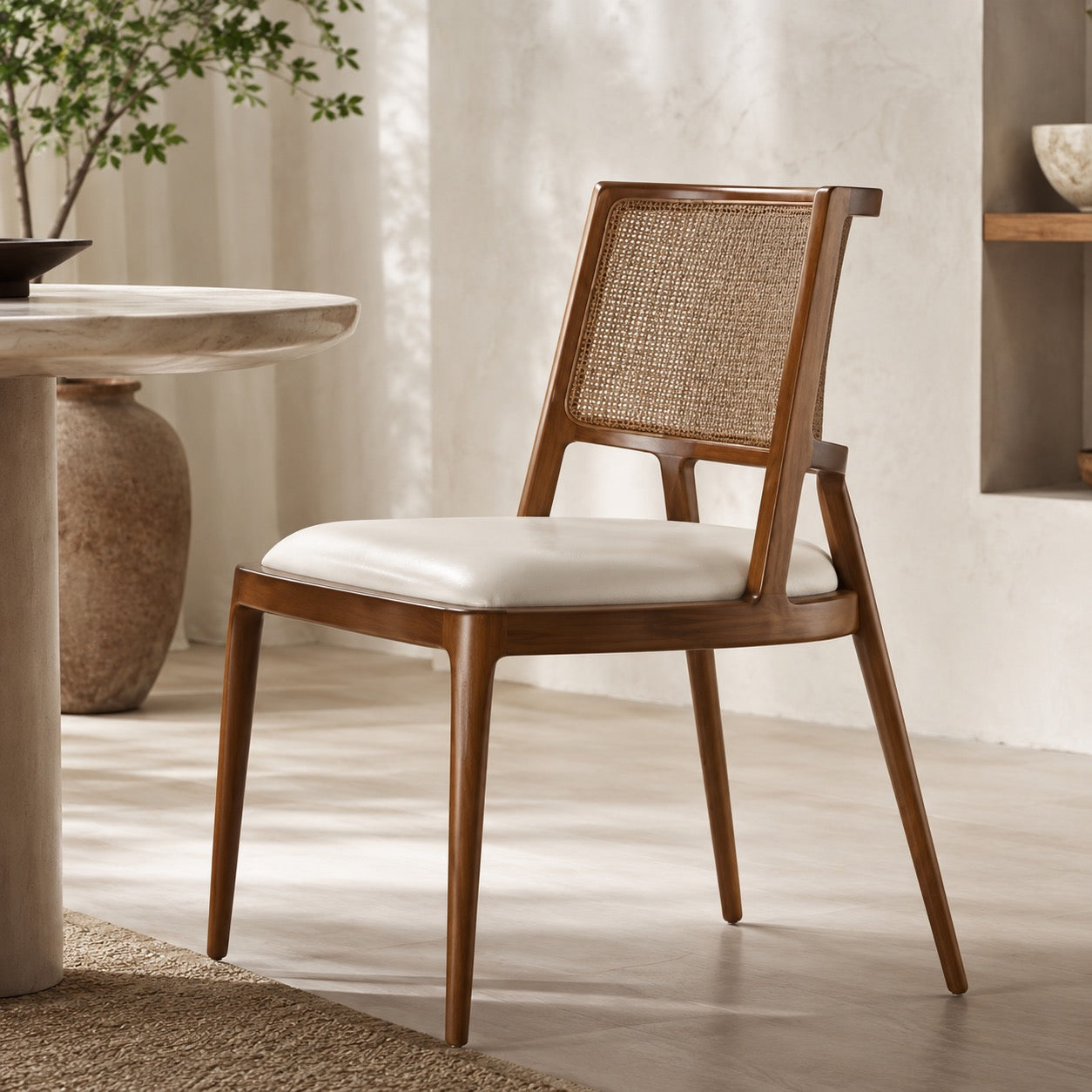 Solid Wood Woven-Back Upholstered Dining Chair
