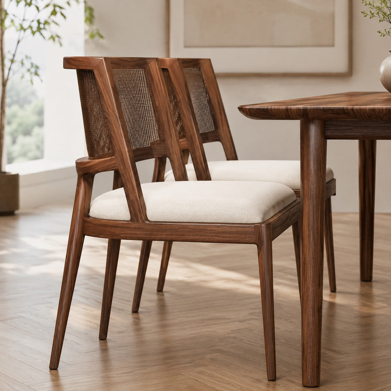 Solid Wood Woven-Back Upholstered Dining Chair
