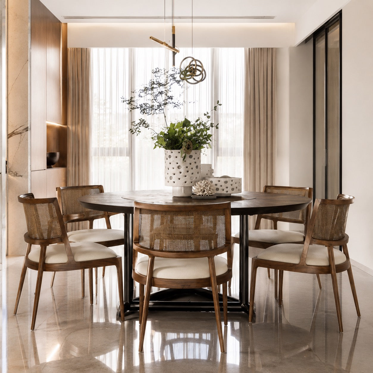 Solid Wood Woven-Back Upholstered Dining Chair