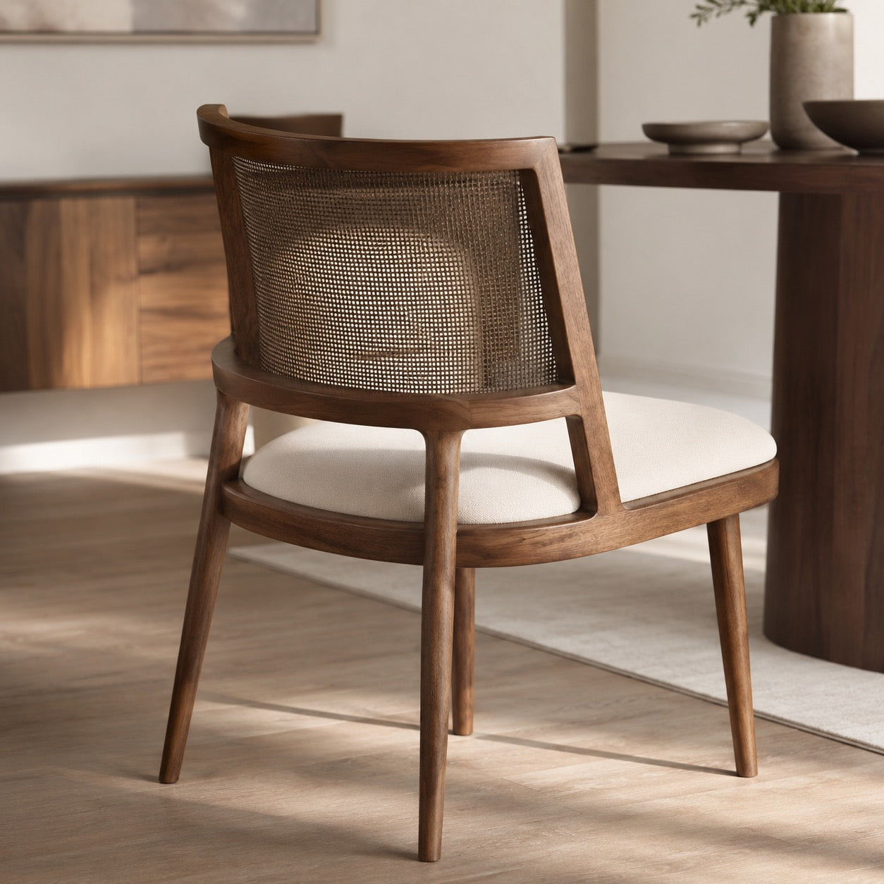 Solid Wood Woven-Back Upholstered Dining Chair