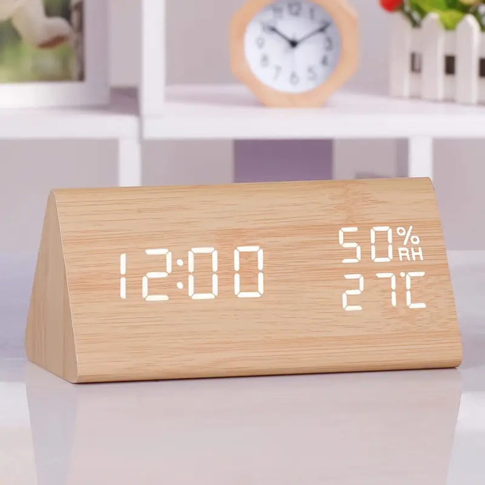 Sound-Activated Wood-Textured LED Alarm Clock (3 Alarms)