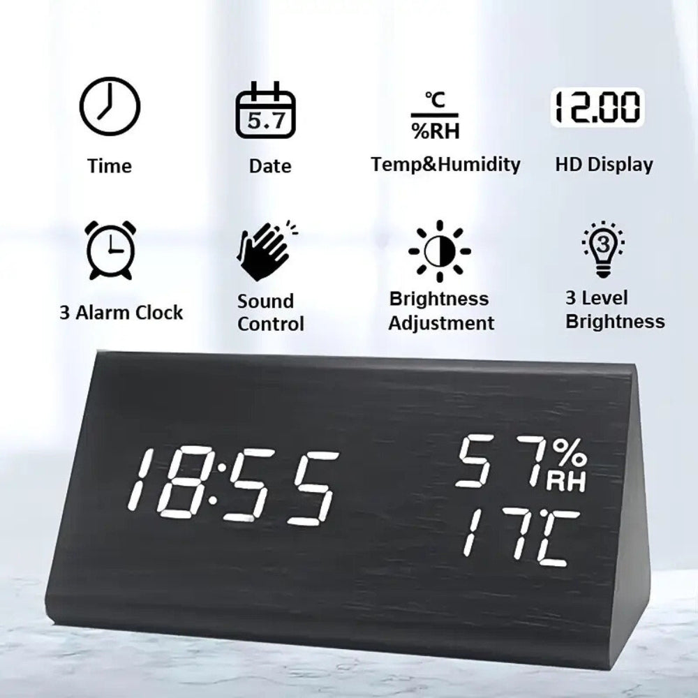 Sound-Activated Wood-Textured LED Alarm Clock (3 Alarms)