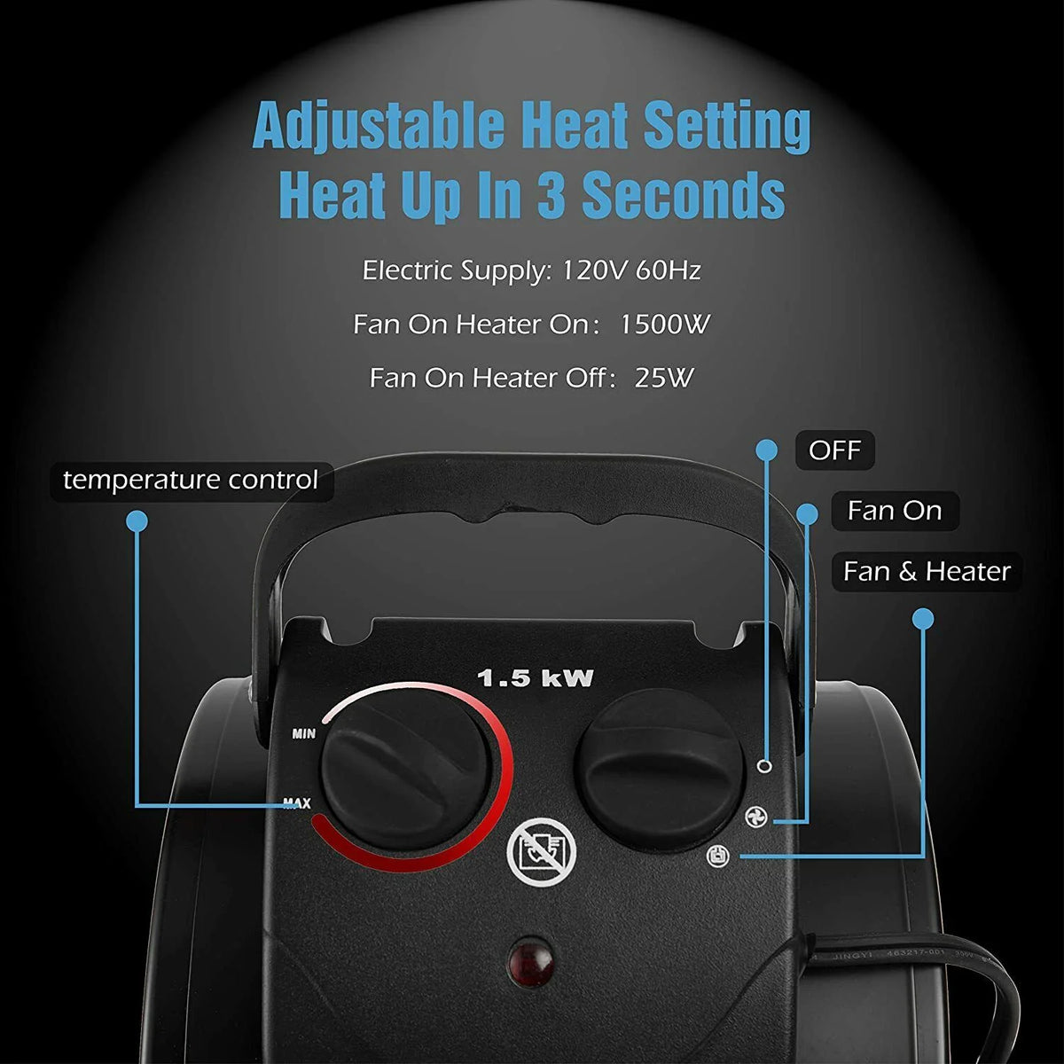 Space Heater IPX4 Splash-Resistant Overheat Cutoff 160 Sq Ft