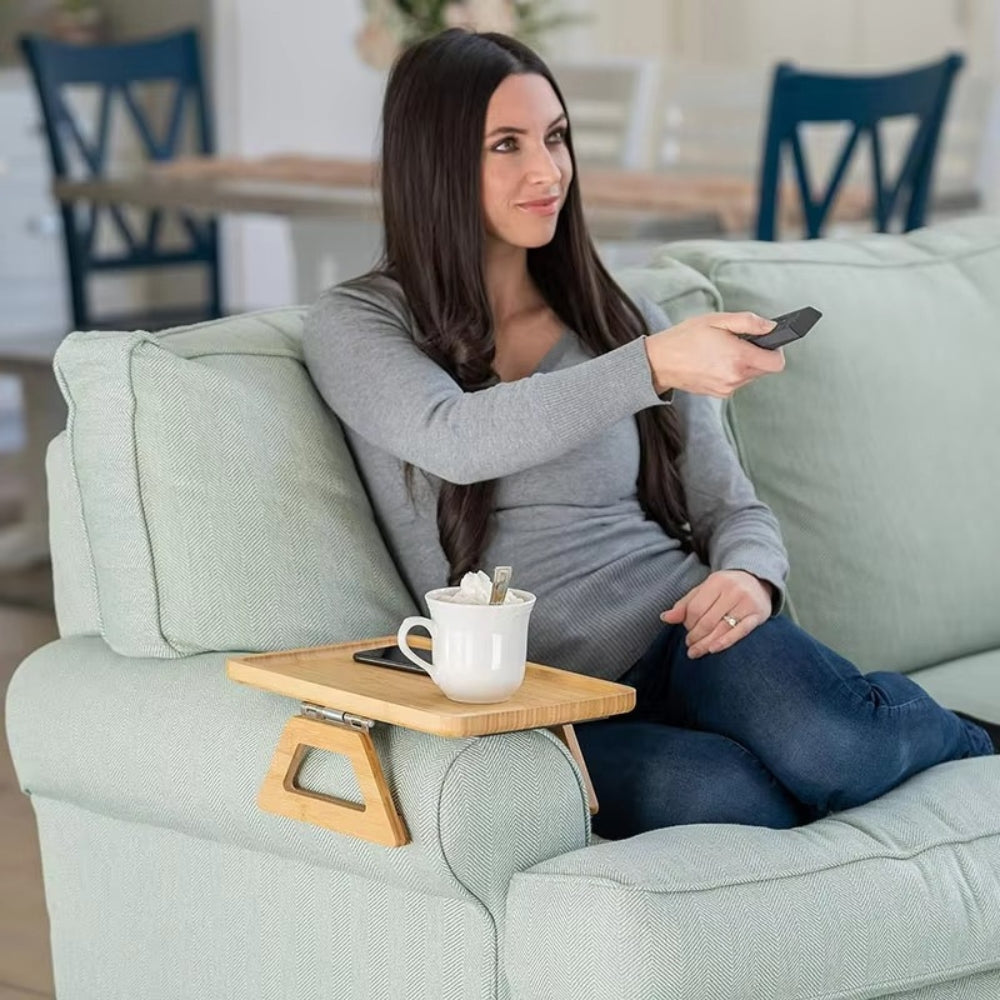 Space-Saving Bamboo Clip-On Armrest Tray