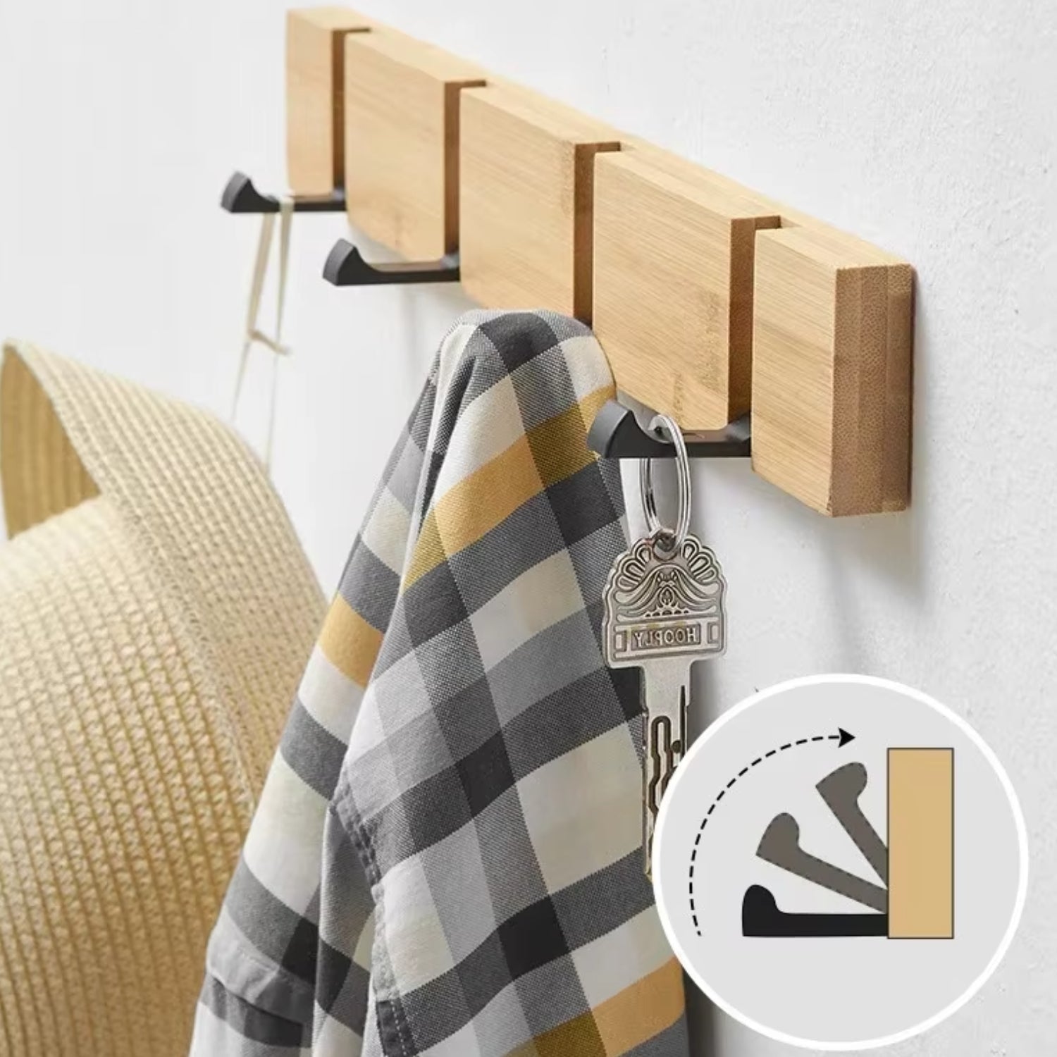 Space-Saving Flip-Out Bamboo Wall Hook Rack