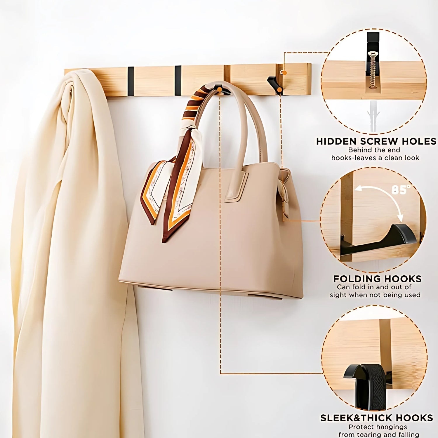 Space-Saving Flip-Out Bamboo Wall Hook Rack