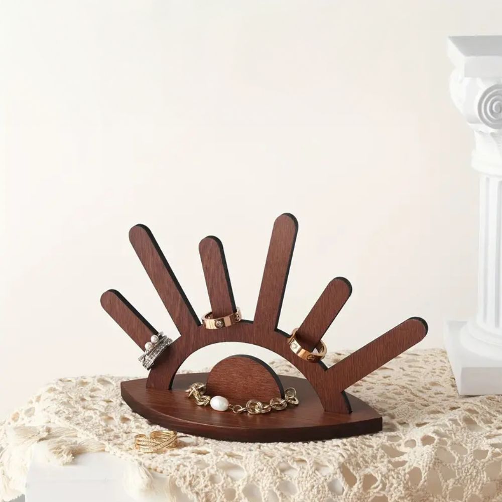 Space-Saving Vertical Natural Wood Ring Display Stand (6-Column)