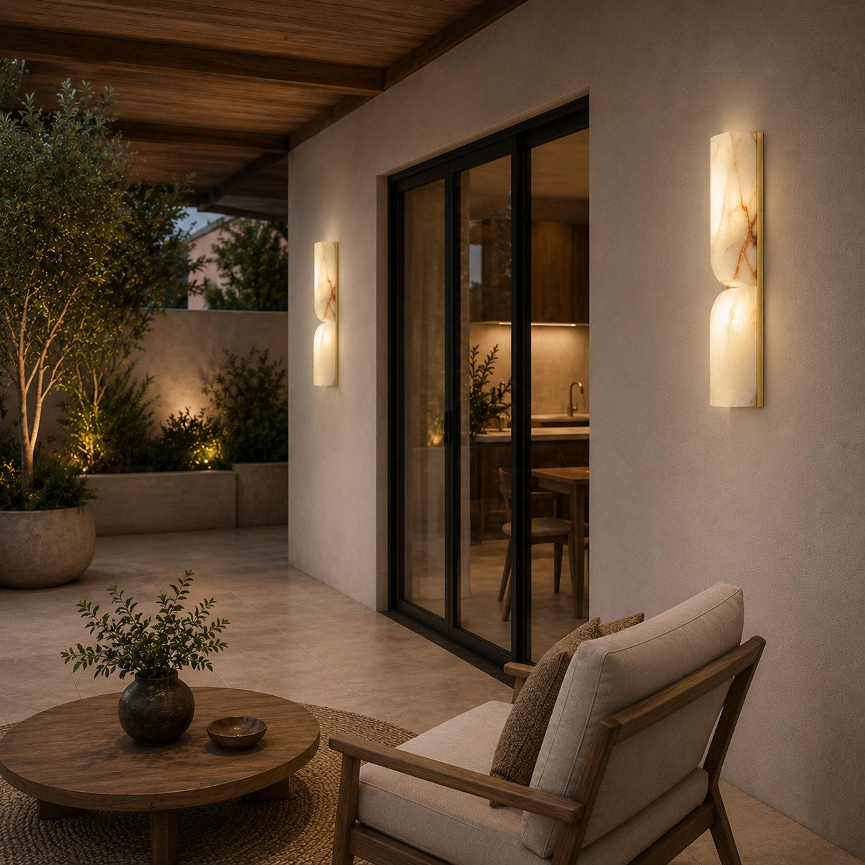 Spanish Alabaster & Polished Copper Wall Sconce (Warm Built-In LED)