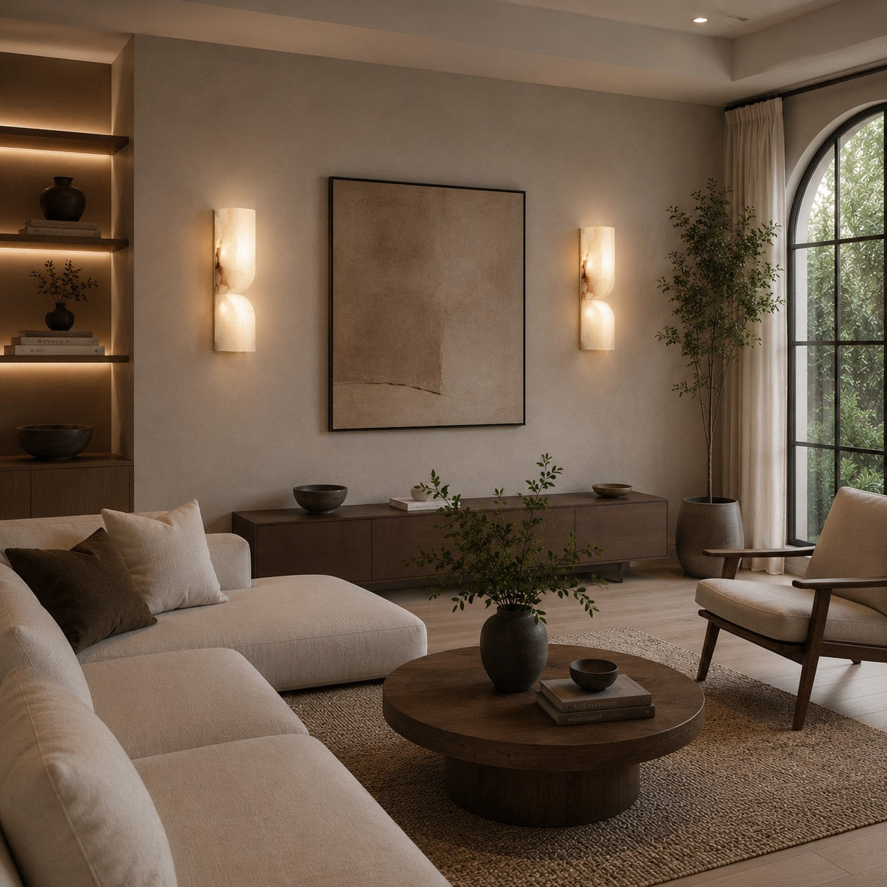 Spanish Alabaster & Polished Copper Wall Sconce (Warm Built-In LED)