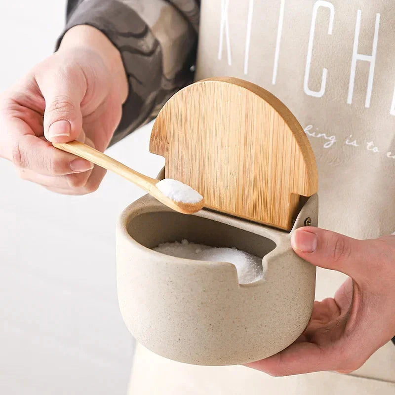 Spice Jar Ceramic Airtight Bamboo Lid & Spoon