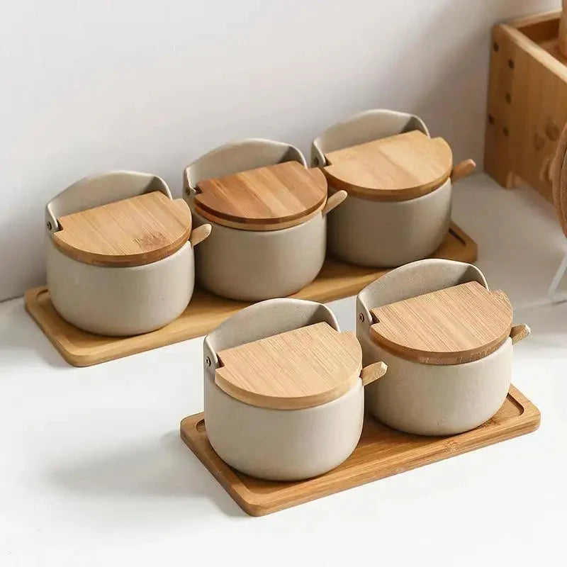 Spice Jar Ceramic Airtight Bamboo Lid & Spoon
