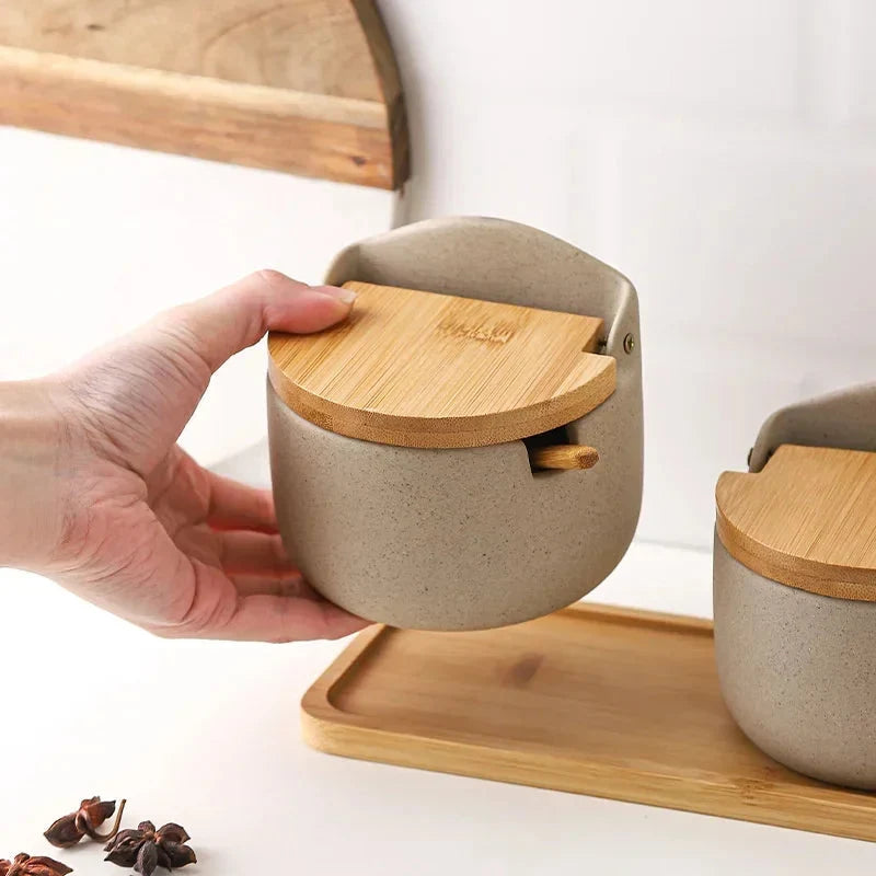 Spice Jar Ceramic Airtight Bamboo Lid & Spoon