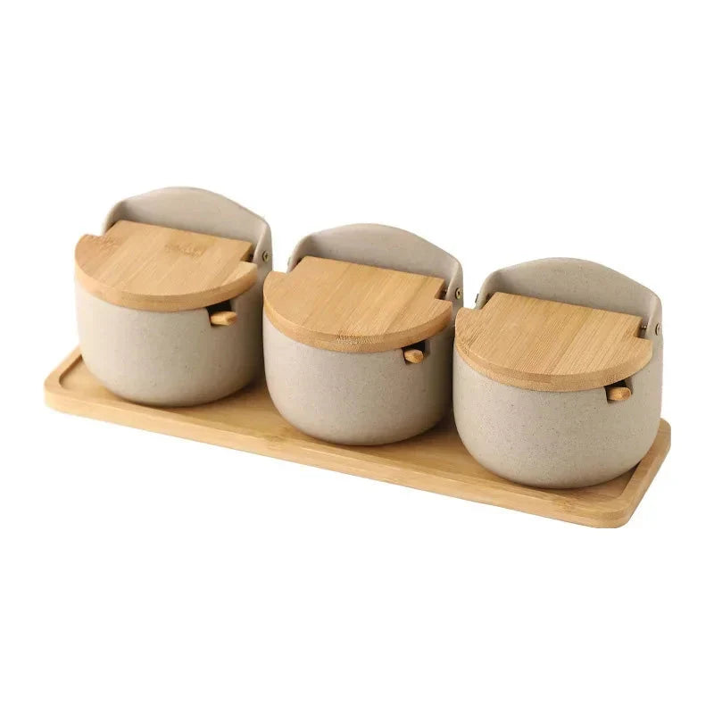 Spice Jar Ceramic Airtight Bamboo Lid & Spoon