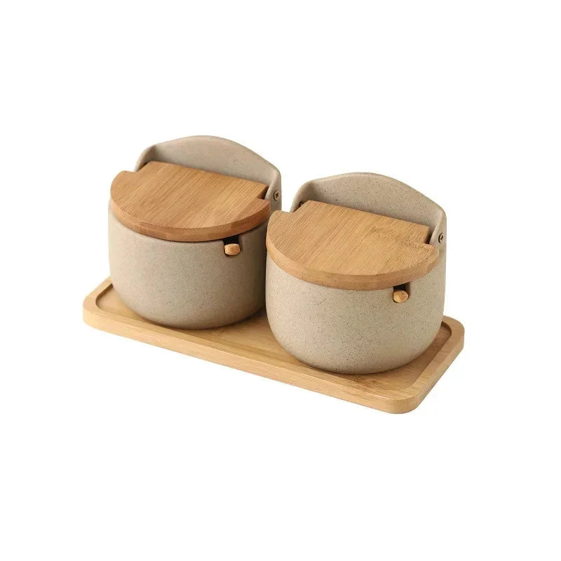 Spice Jar Ceramic Airtight Bamboo Lid & Spoon