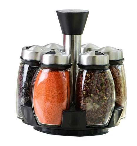Spice Rack Rotating Base Glass Bottles & Stainless Steel Caps