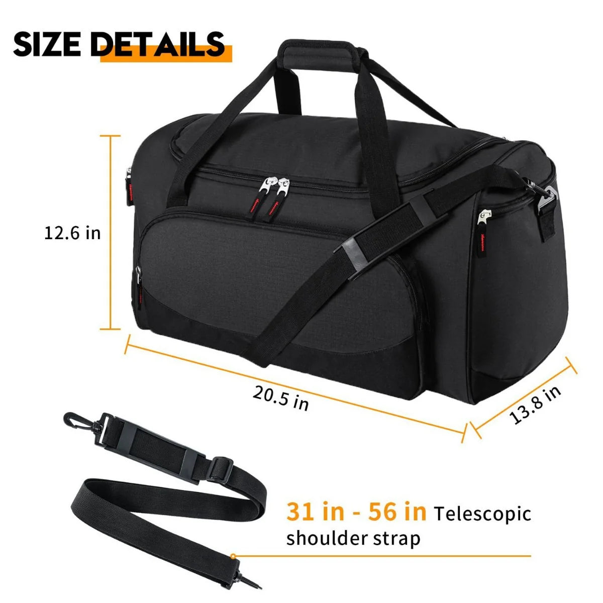 Sports Duffel Bag Shoe Compartment Wear-Resistant Fabric Adjustable Strap