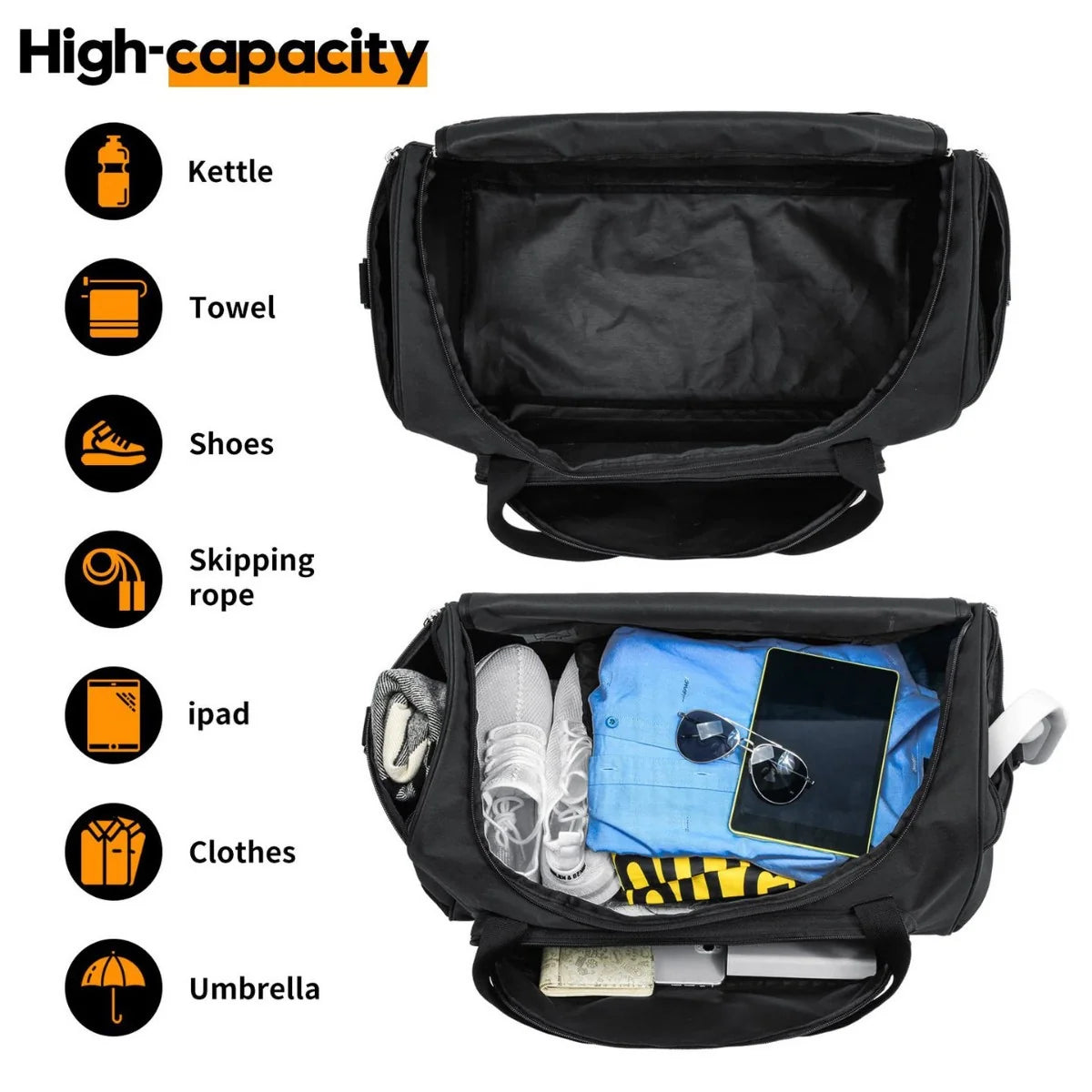 Sports Duffel Bag Shoe Compartment Wear-Resistant Fabric Adjustable Strap