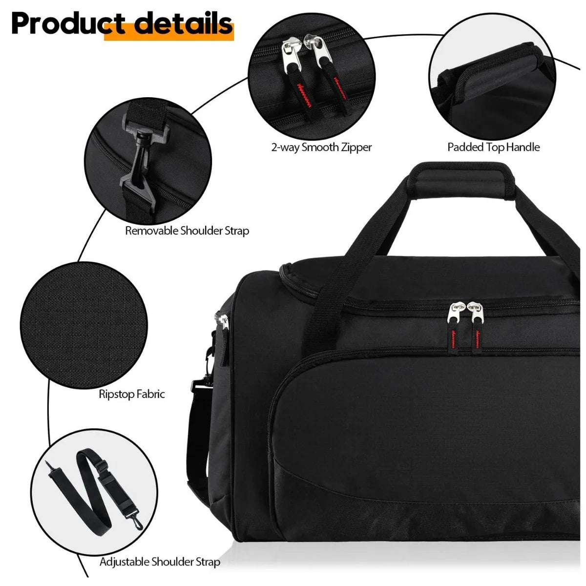 Sports Duffel Bag Shoe Compartment Wear-Resistant Fabric Adjustable Strap