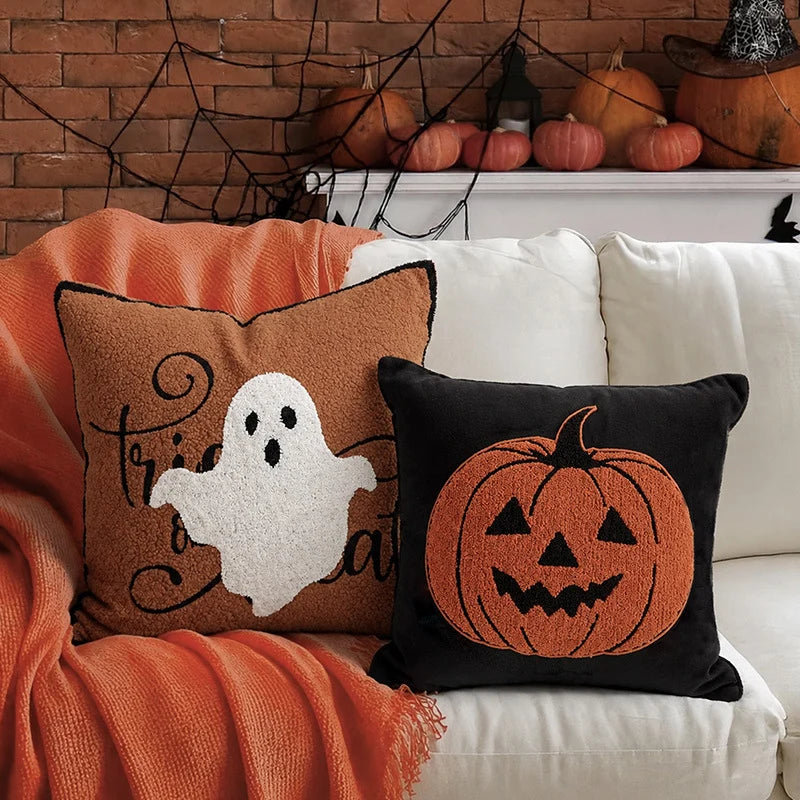 Square Accent Pillow Embroidered Ghost Bouclé Fleece Removable Cover