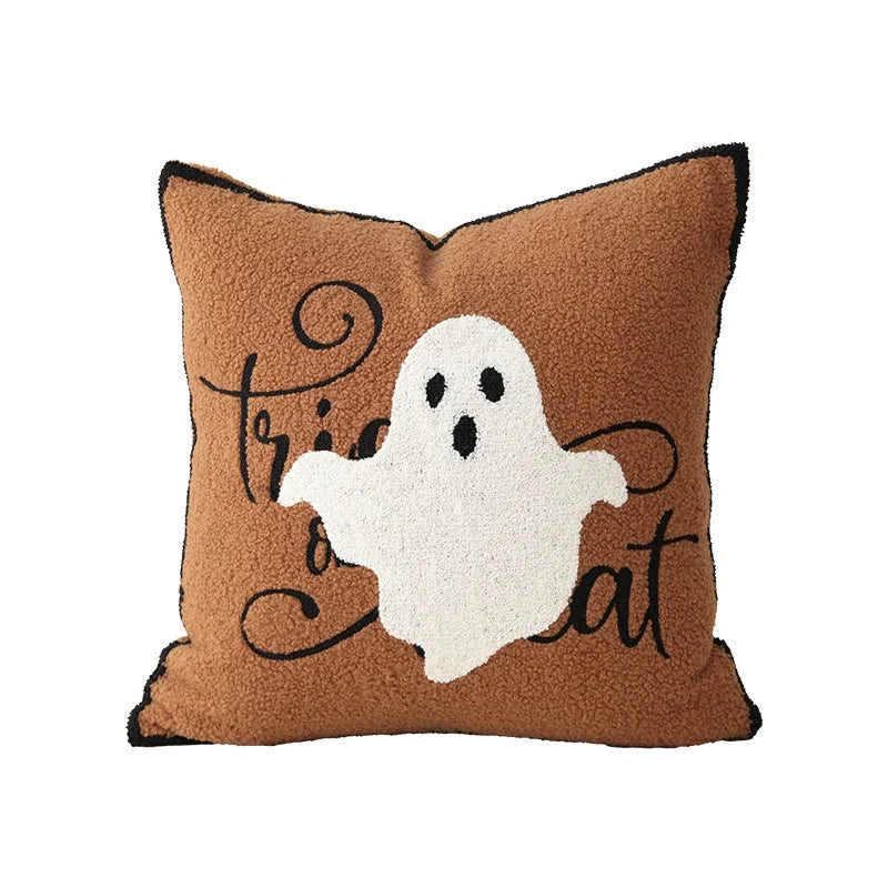 Square Accent Pillow Embroidered Ghost Bouclé Fleece Removable Cover