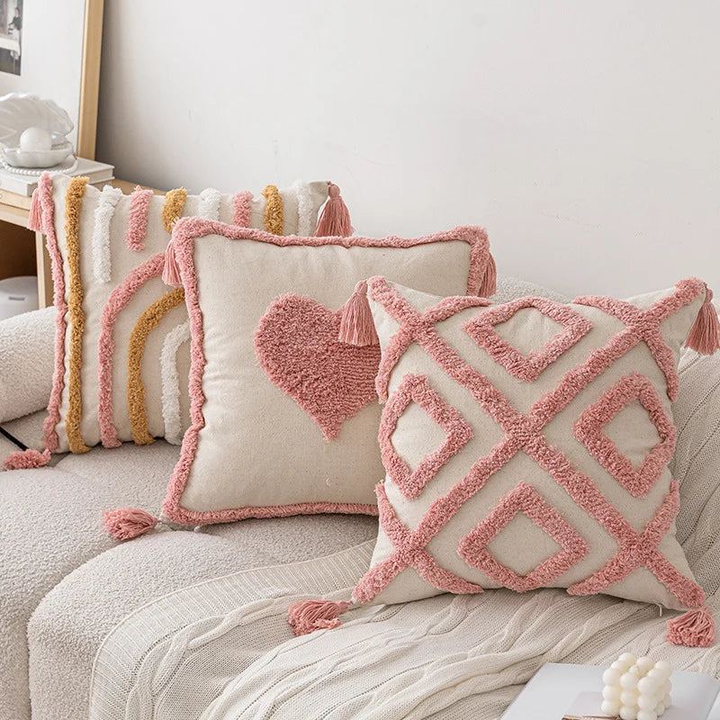 Square Accent Pillow Hand-Tufted Cotton & Tassels