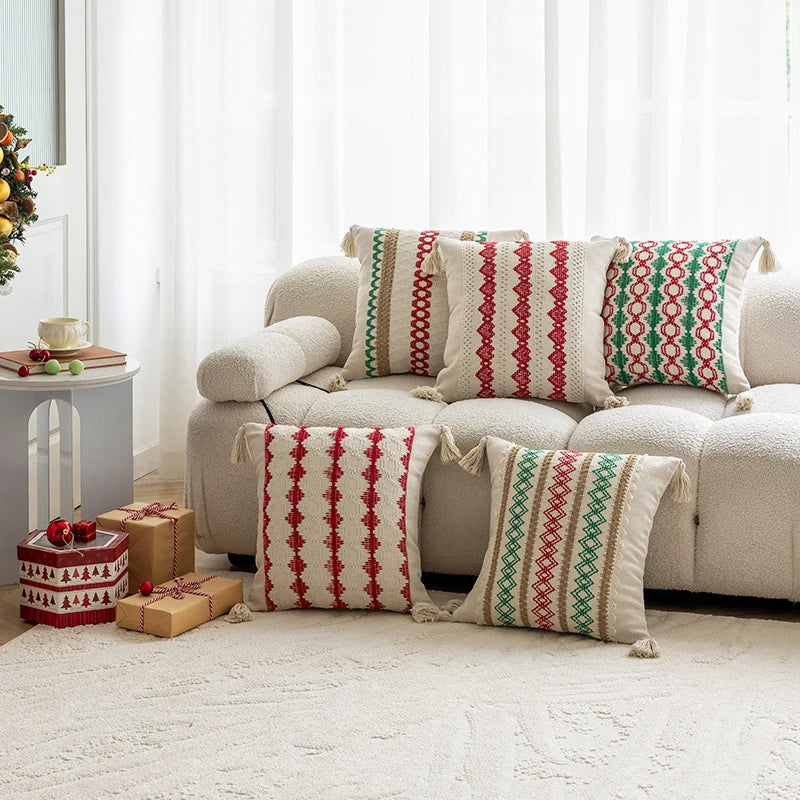 Square Accent Pillow Handloom Cotton Embroidered Tassels