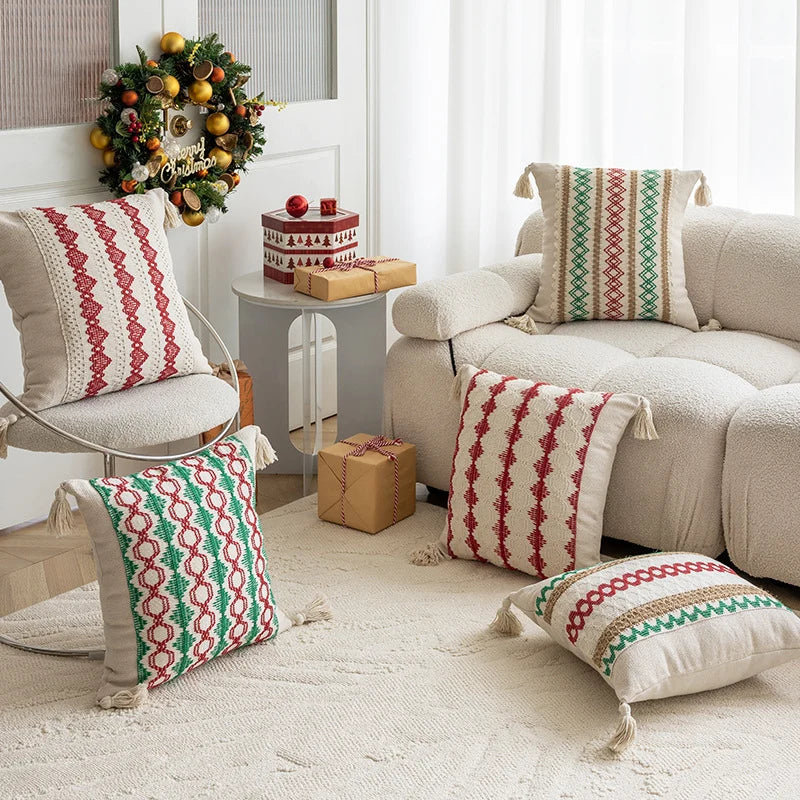 Square Accent Pillow Handloom Cotton Embroidered Tassels