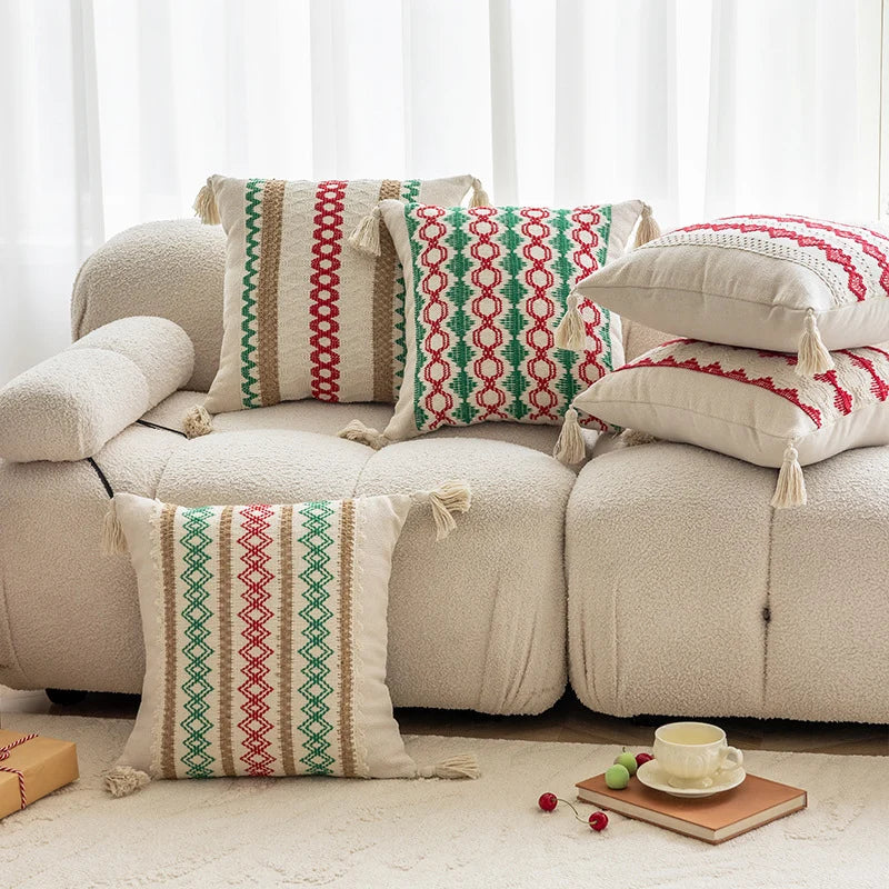 Square Accent Pillow Handloom Cotton Embroidered Tassels