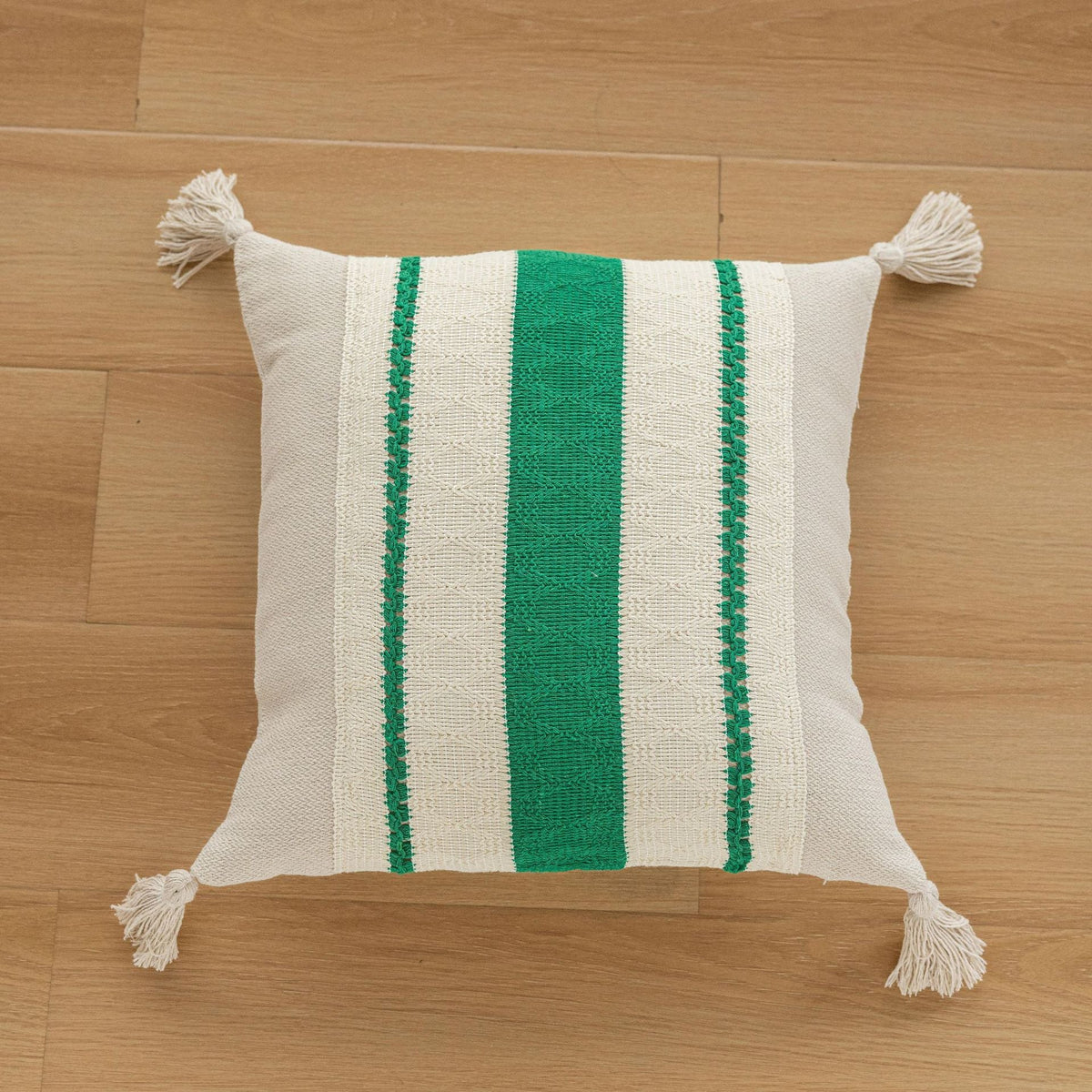 Square Accent Pillow Handloom Cotton Embroidered Tassels
